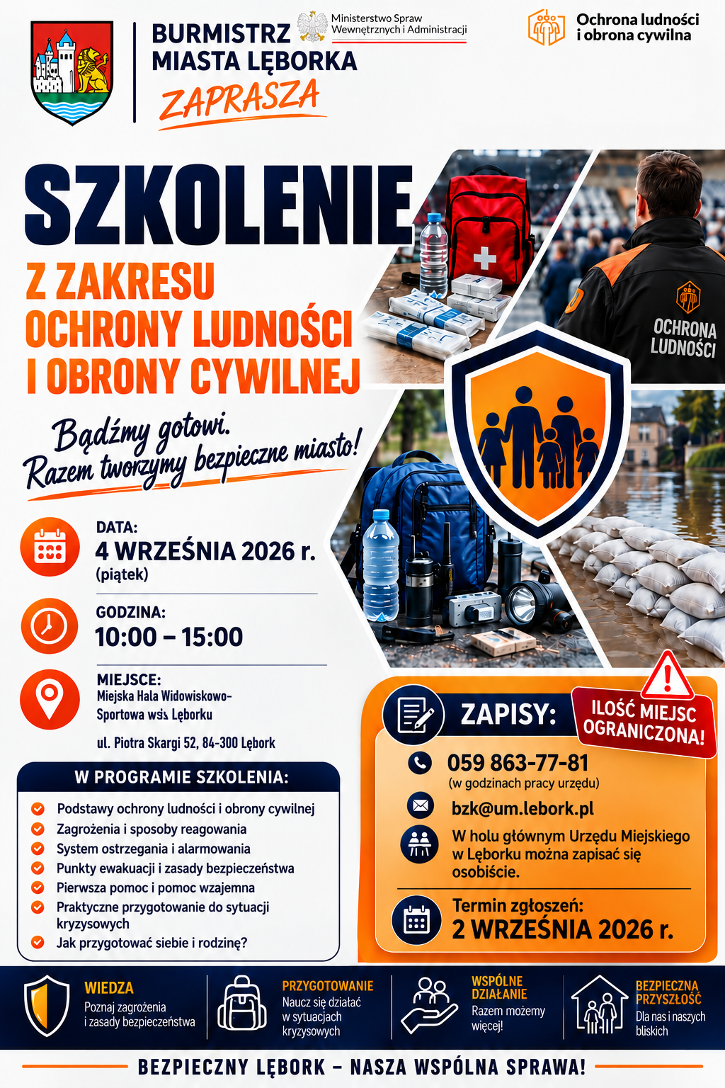 Plakat informacyjny dotyczący szkolenia z zakresu ochrony ludności i obrony cywilnej, które odbędzie się 4 września 2026 r. w Miejskiej Hali Widowiskowo-Sportowej w Lęborku.
